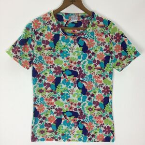 Vintage Top Shirt Blouse Size XS‎ Small Floral Toucan 100% Nylon Stretch Knit